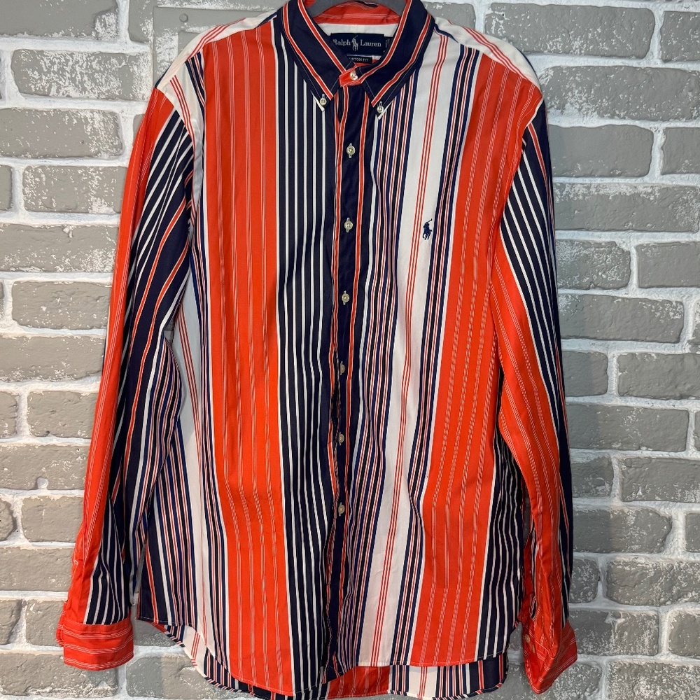 Ralph Lauren Red Navy White Striped Button-Down Dress Shirt